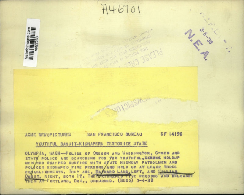 Load image into Gallery viewer, 1938 Press Photo Maynard Lang, William Durst Wanted for Washington Kidnappings
