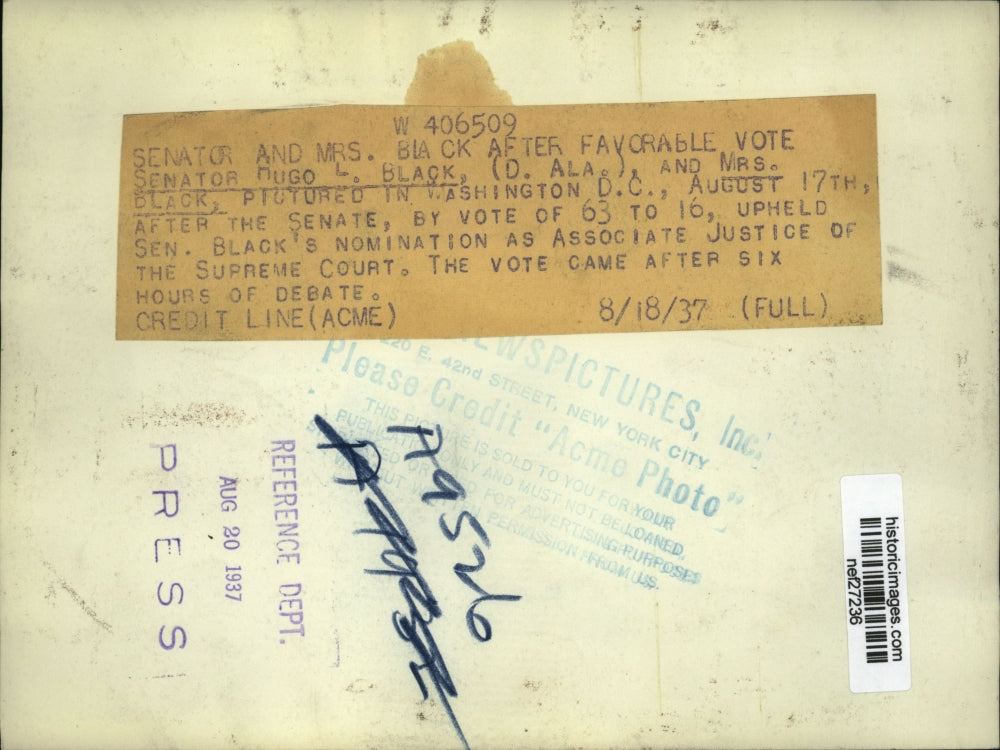 1937 Press Photo Senator Hugo Black and Wife after Senate Nomination, Washington