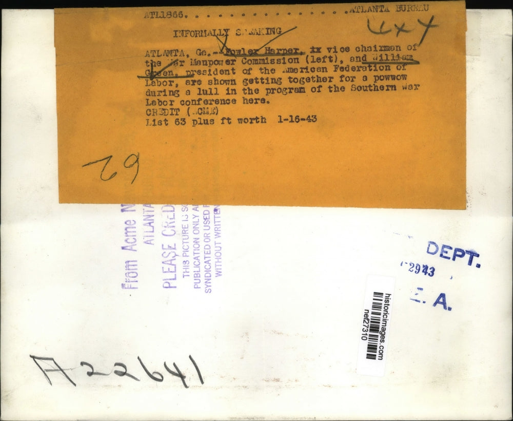 1943 Press Photo Fowler Harper and William Green during Southern War Labor Meet