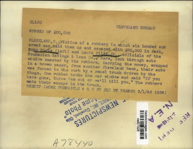 Load image into Gallery viewer, 1948 Press John Birls &amp; Louis Philip Jr Victims of Robbery at Roumenian Savings
