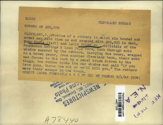 1948 Press John Birls & Louis Philip Jr Victims of Robbery at Roumenian Savings