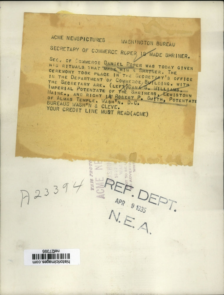 1935 Press Photo Secretary of Commerce Roper Is Made Shriner - nef27395