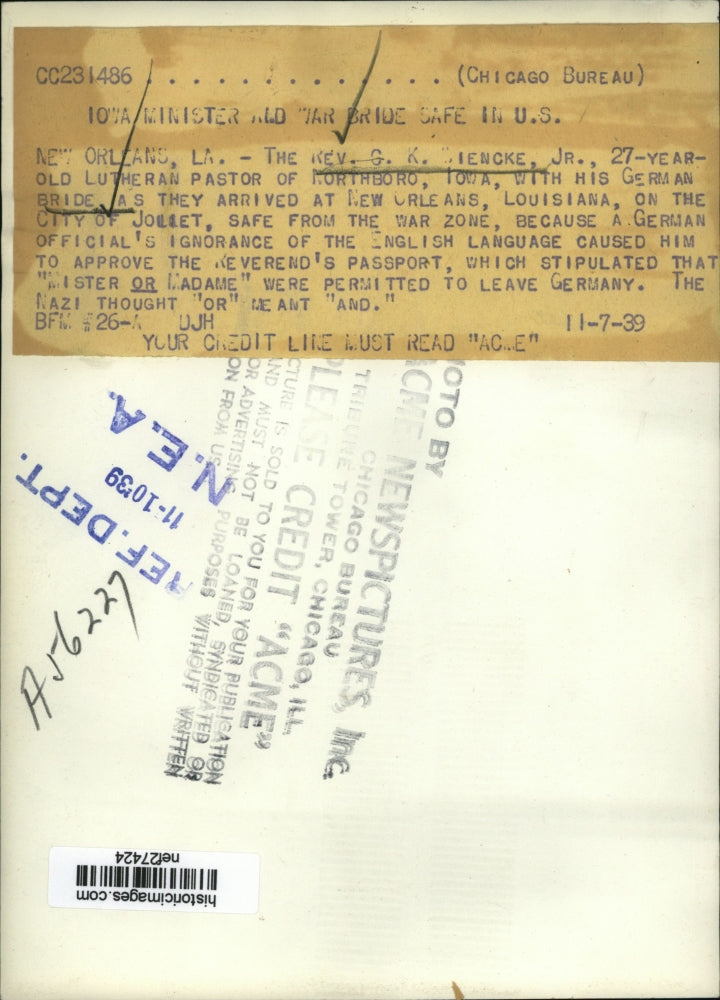 1939 Press Photo Rev.G.K.Wiencke,Lutheran Pastor with his German bride