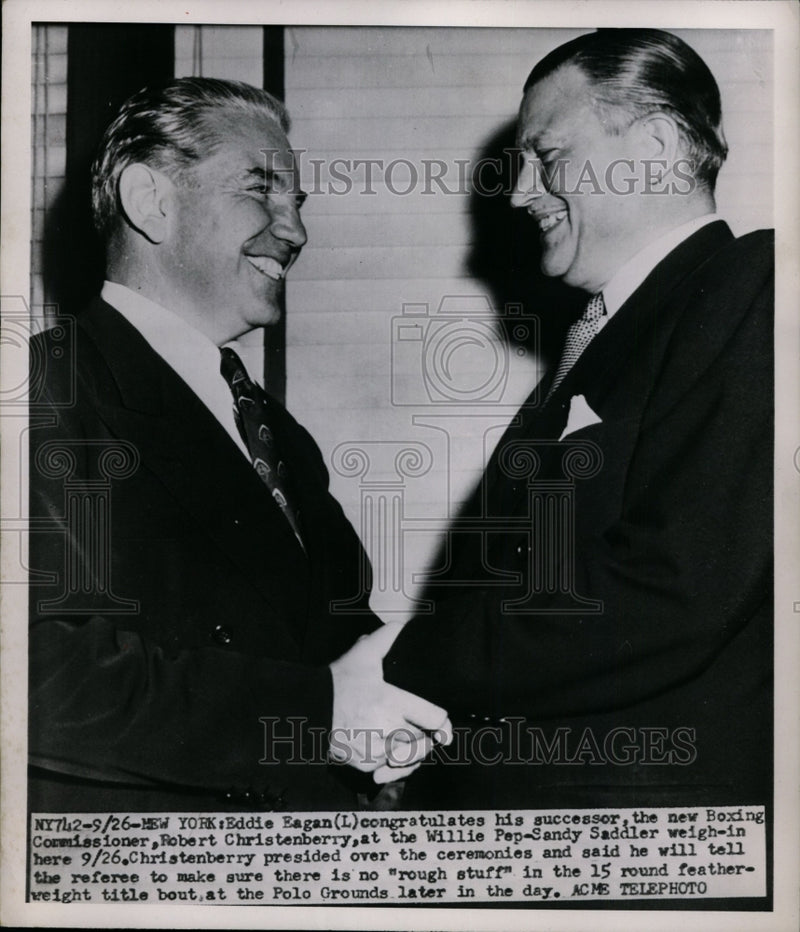 Load image into Gallery viewer, 1951 Press Photo Eddie Eagan congratulated his successor as Boxing Commissioner
