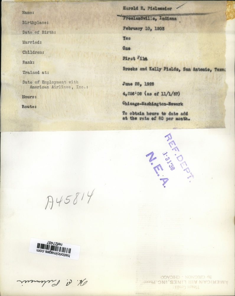 1938 Press Photo American Airliner First Pilot Harold E Fielseier of Indiana