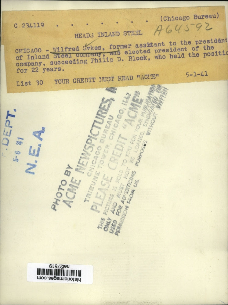 1941 Press Photo Wilfred Svkes elected President of Inland Steel Company