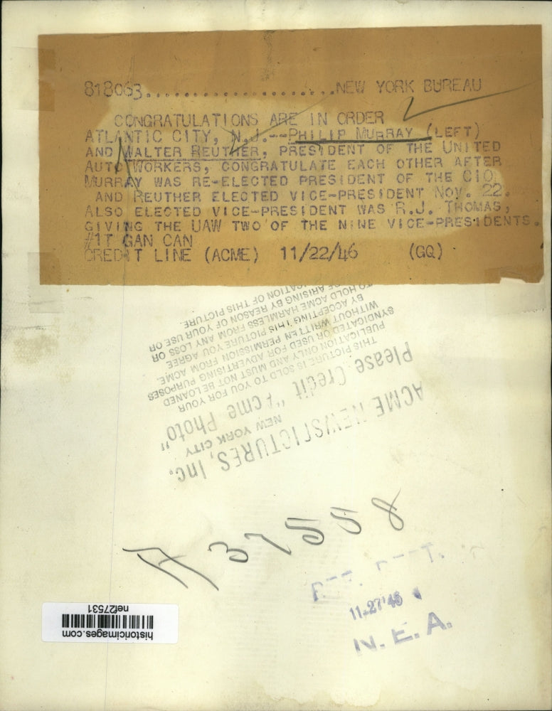 1946 Press Photo Philip Murray & Walter Reuther Congratulate Each Other