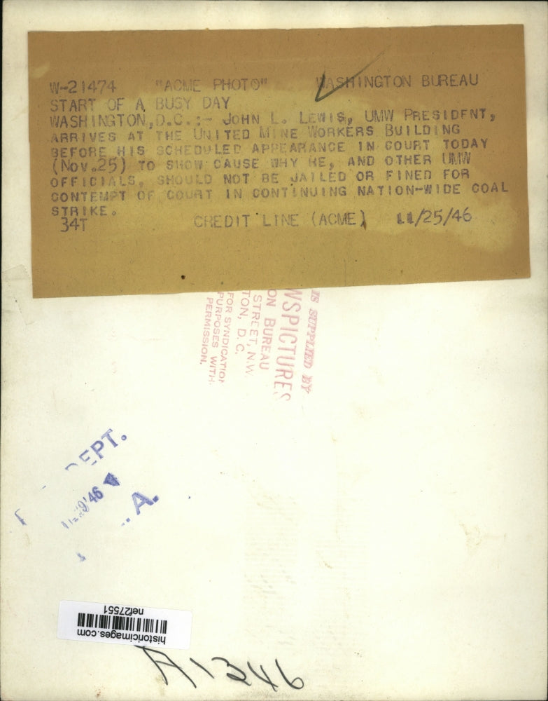 1946 Press Photo John Lewis, UMW pres., arriving at work for busy day