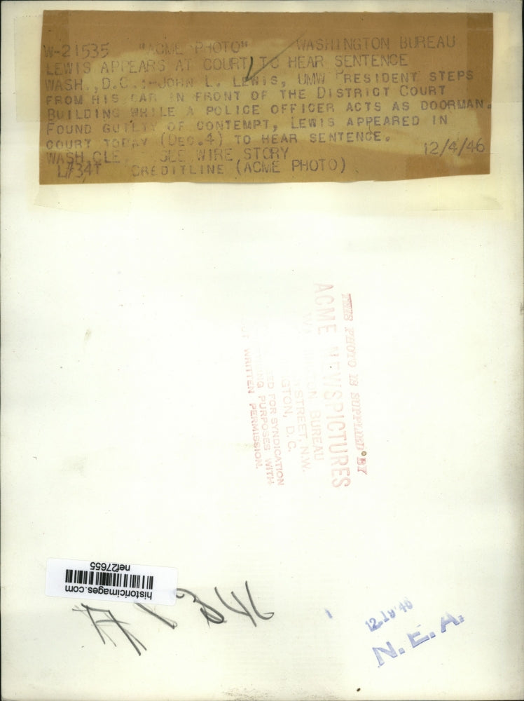 1946 Press Photo John L Lewis OMW President at District Court Building Washingto