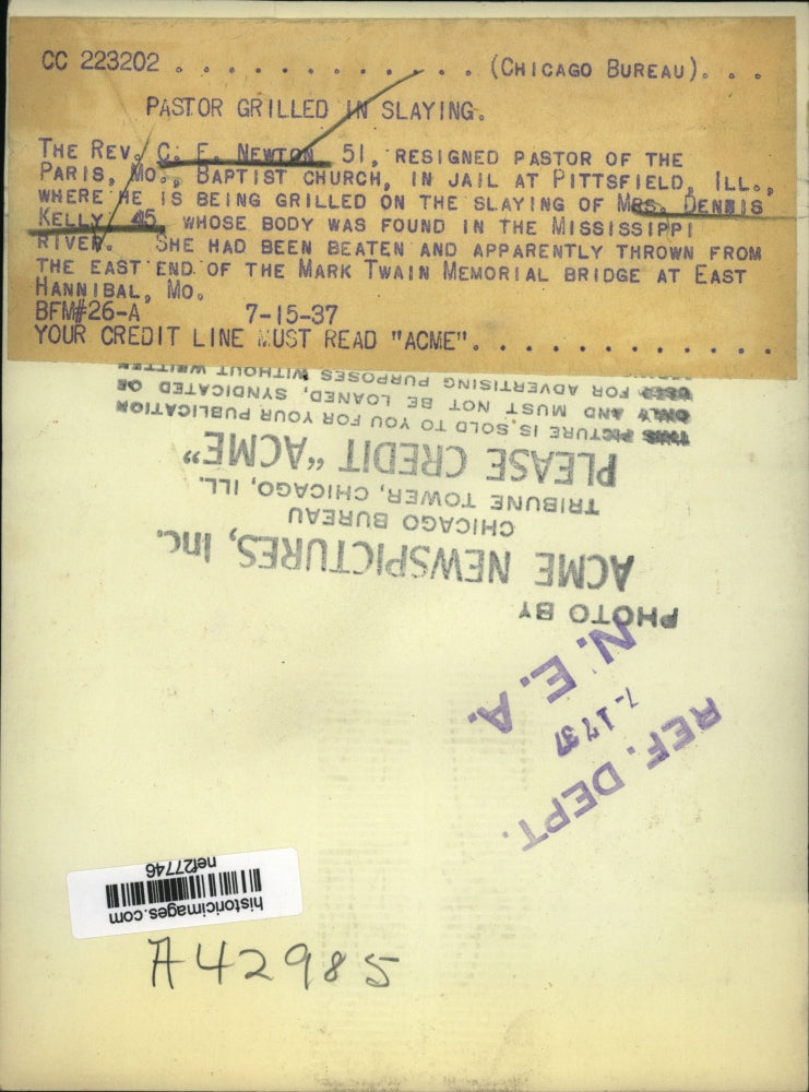 1937 Press Photo Reverend CF Newton of Paris Missouri Resigned Charged Murder