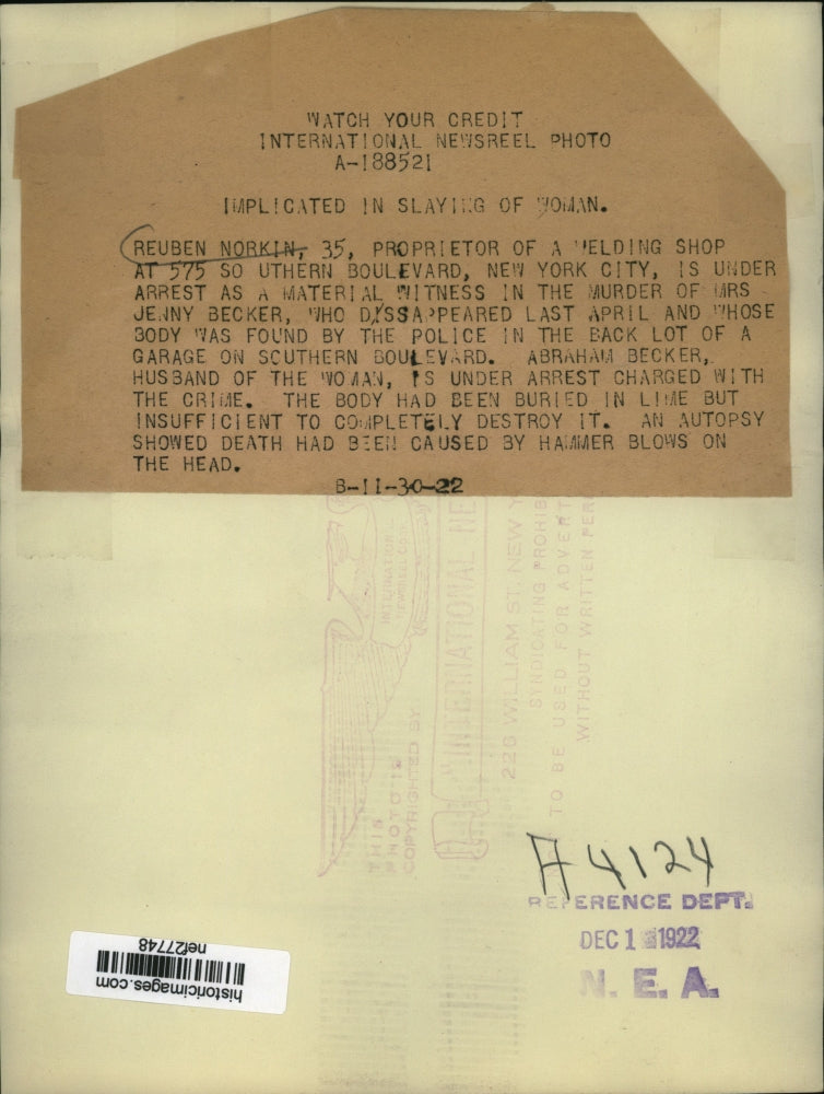 1922 Press Photo Reuben Norkin Owner of Welding Shop Charged Murder of Woman