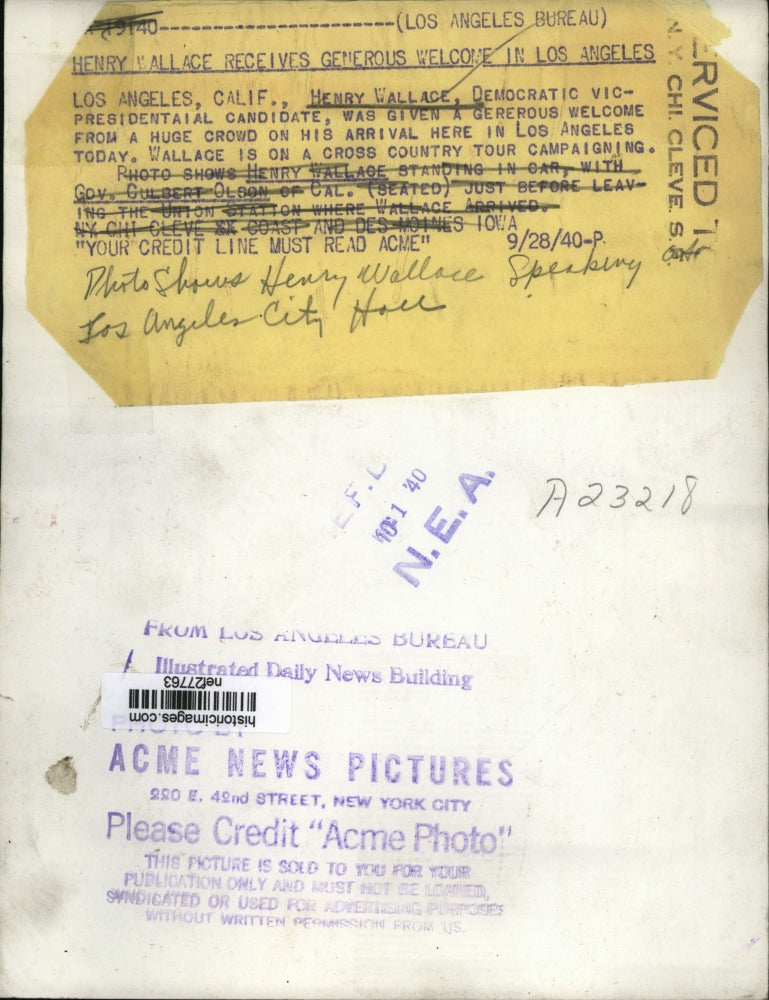 Load image into Gallery viewer, 1940 Press Photo Henry Wallace Receives Generous Welcome in Los Angeles
