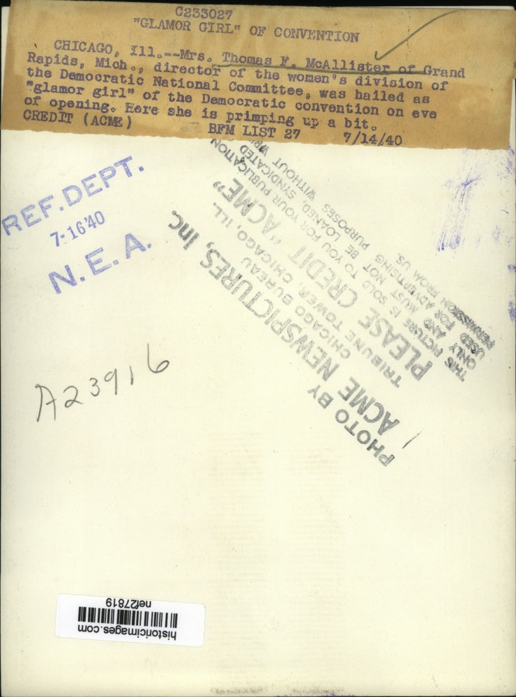 1940 Press Photo Mrs. Thomas F. McAllister at Democratic National Convention