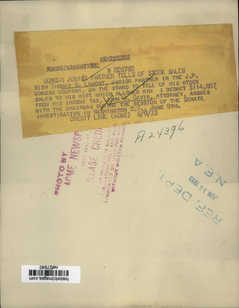 1933 Press Photo Thomas S. Lamont, John W. Davis at Senate Investigation