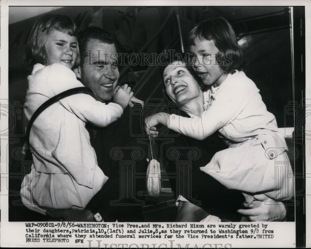 1956 Press Photo Pat and Richard Nixon Greeted by Daughters in Washington