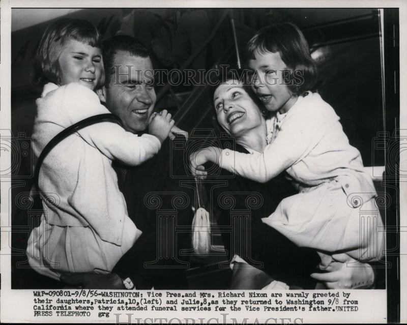 Load image into Gallery viewer, 1956 Press Photo Pat and Richard Nixon Greeted by Daughters in Washington
