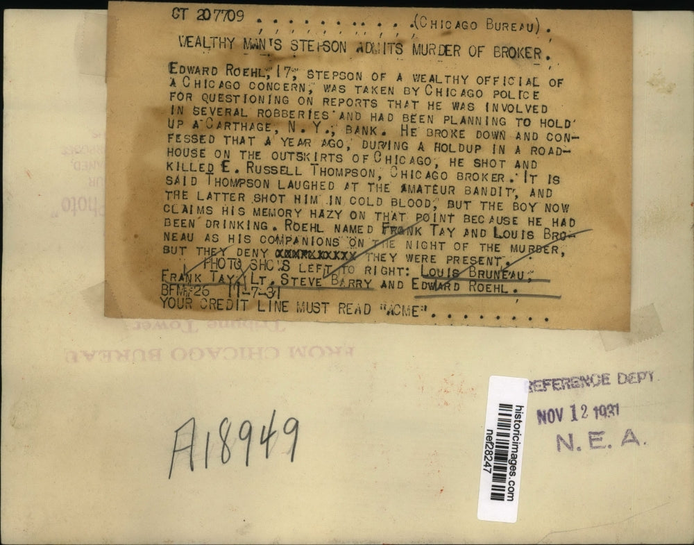 1931 Press Photo Edward Roehl Son of Wealthy Chicagoan Arrested for Murder