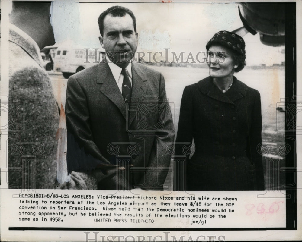 1956 Press Photo Richard Nixon, Wife Pat Talk w Reporters at Los Angeles Airport