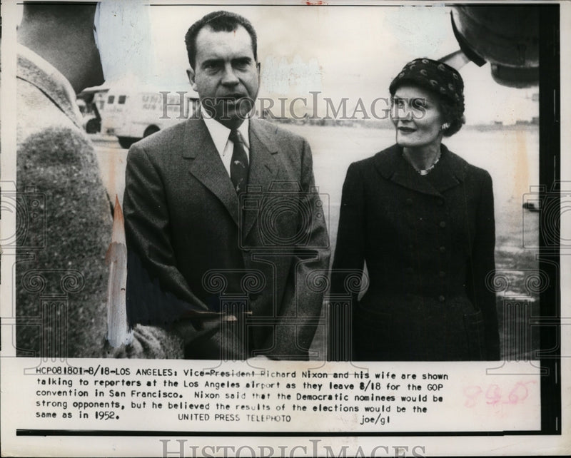 Load image into Gallery viewer, 1956 Press Photo Richard Nixon, Wife Pat Talk w Reporters at Los Angeles Airport
