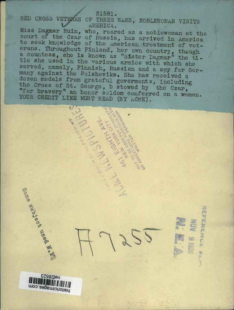 Load image into Gallery viewer, 1926 Press Photo Dagmar Ruin Red Cross Veteran of Finland to Visit America
