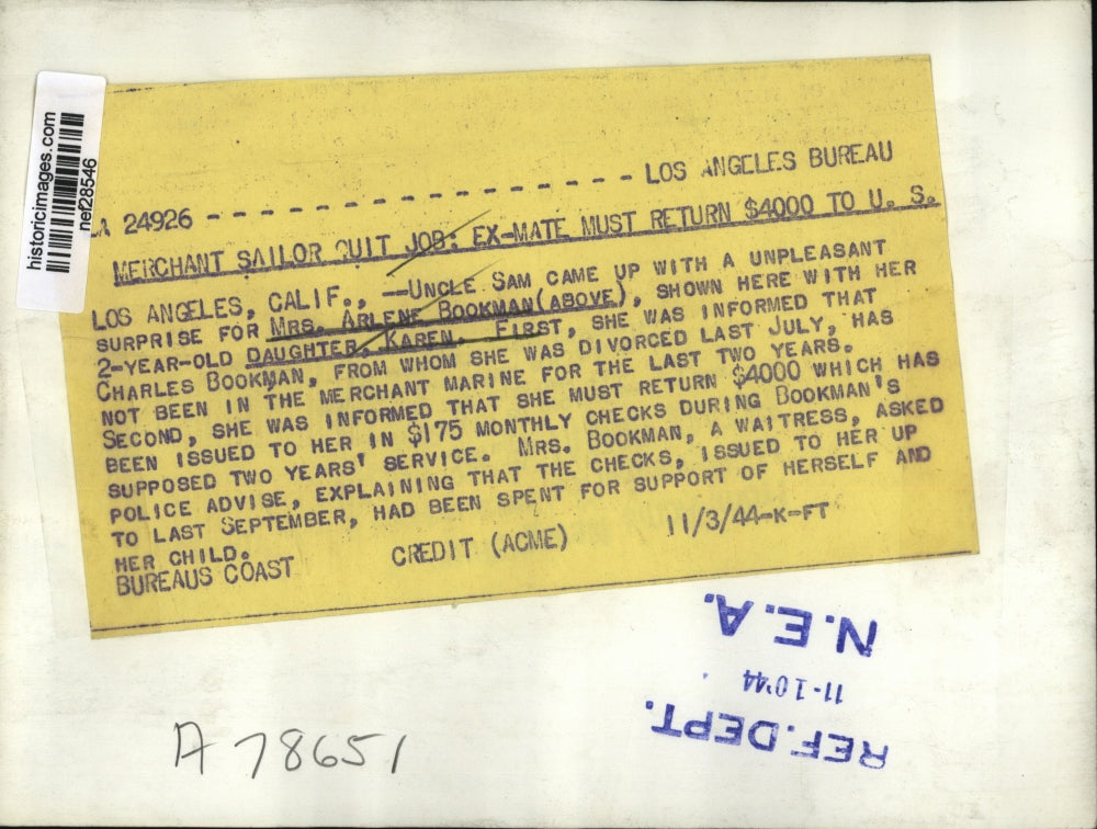 1944 Press Photo Arlene Bookman and daughter Kare Family of Ex Merchant Sailor