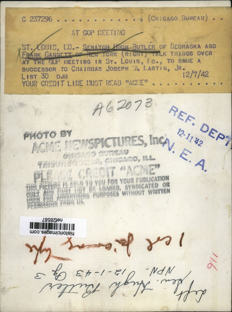 1942 Press Photo Senator Hugh Butler, Frank Gannett at GOP Meeting, St. Louis