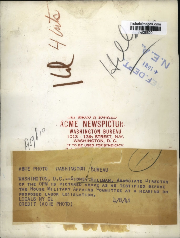 1941 Press Photo Sidney Hillman at House Military Affairs committee Hearing