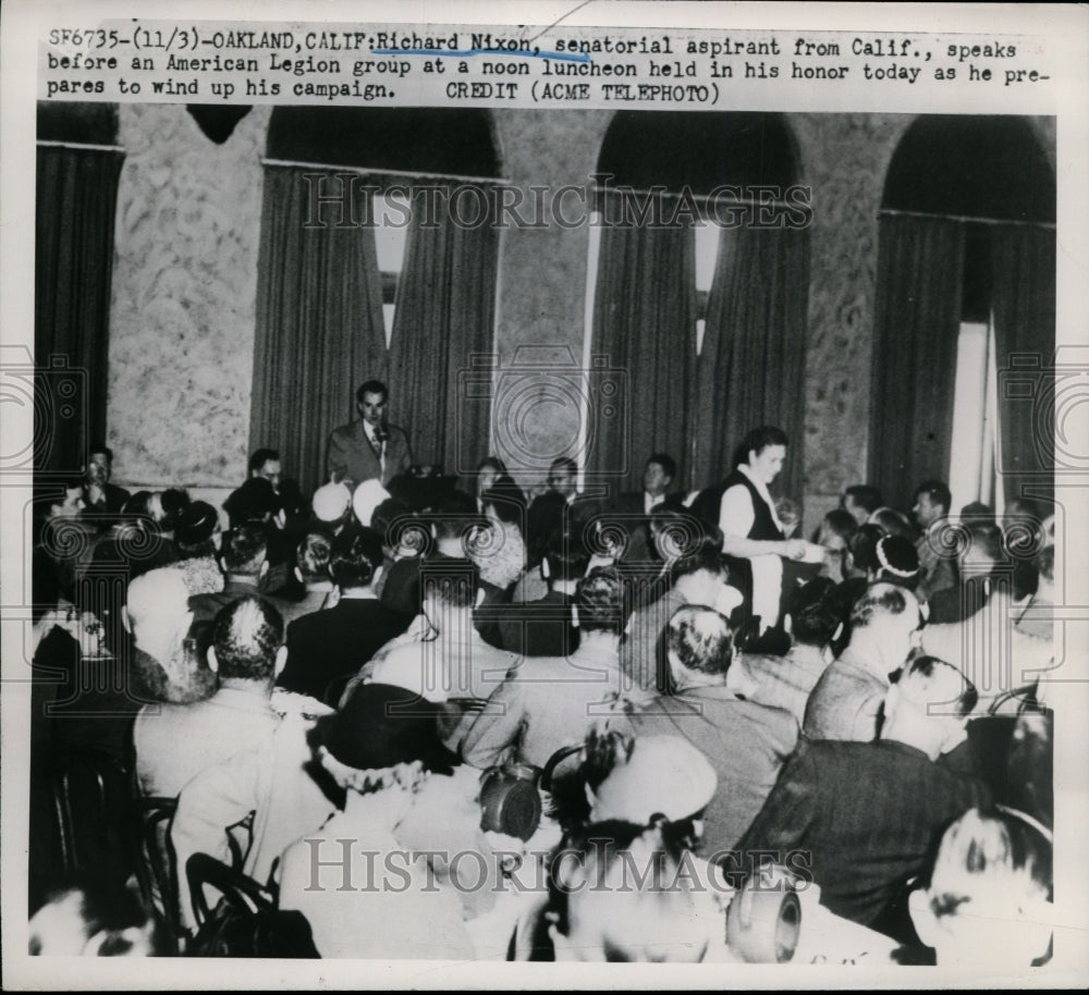1950 Press Photo Richard Nixon Speaking at American Legion Luncheon, Oakland, CA