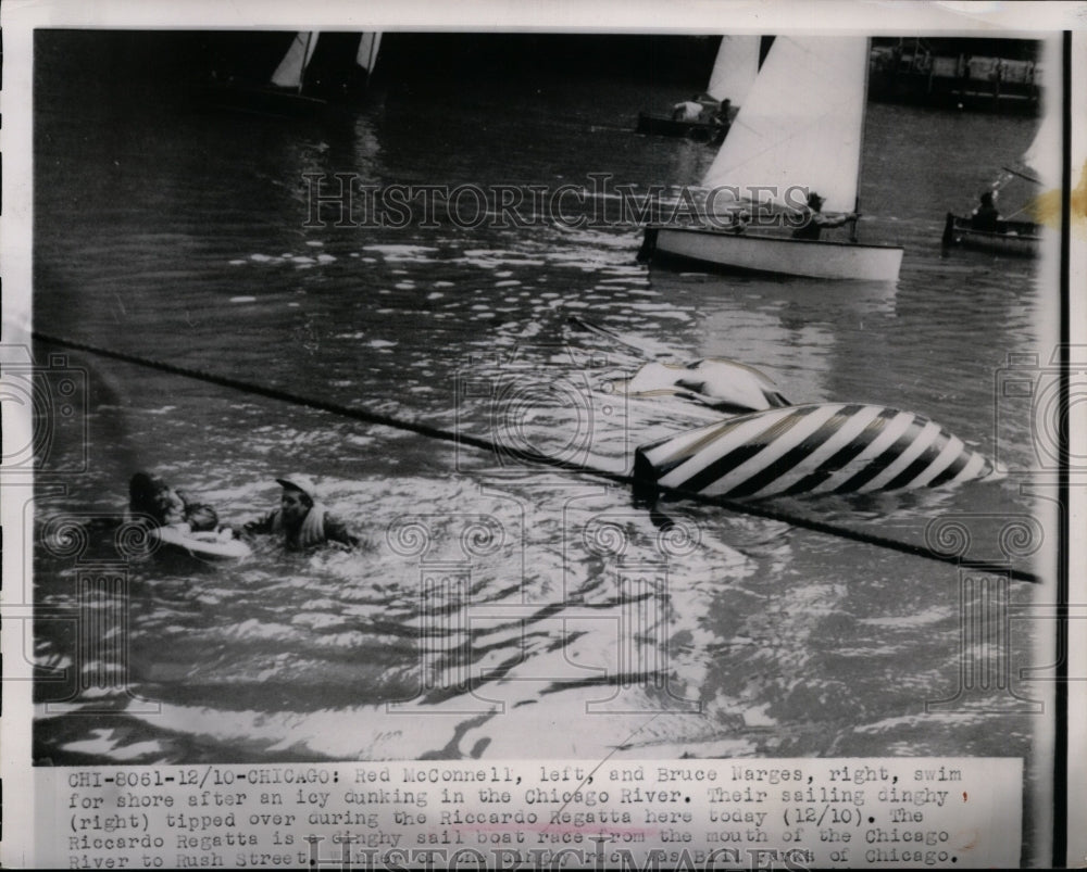 1949 Press Photo Red McConnell, Bruce Narges in Chicago River, Riccardo Regatta