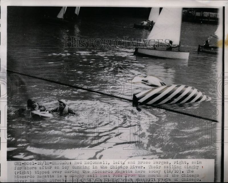 Load image into Gallery viewer, 1949 Press Photo Red McConnell, Bruce Narges in Chicago River, Riccardo Regatta
