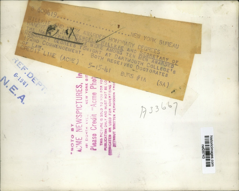 1941 Press Photo Wendell Willies & Secy of Navy Frank Know at Dartmouth College