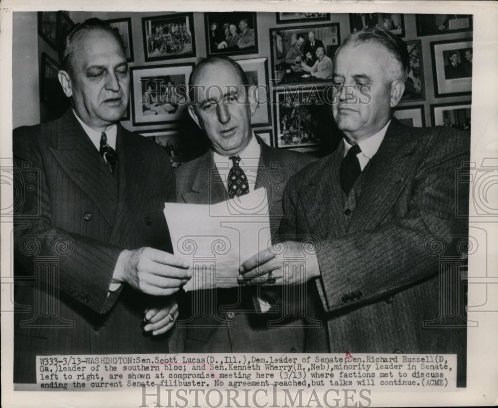1949 Press Photo Scott Lucas, Richard Russell, Kenneth Wherry Meeting Washington