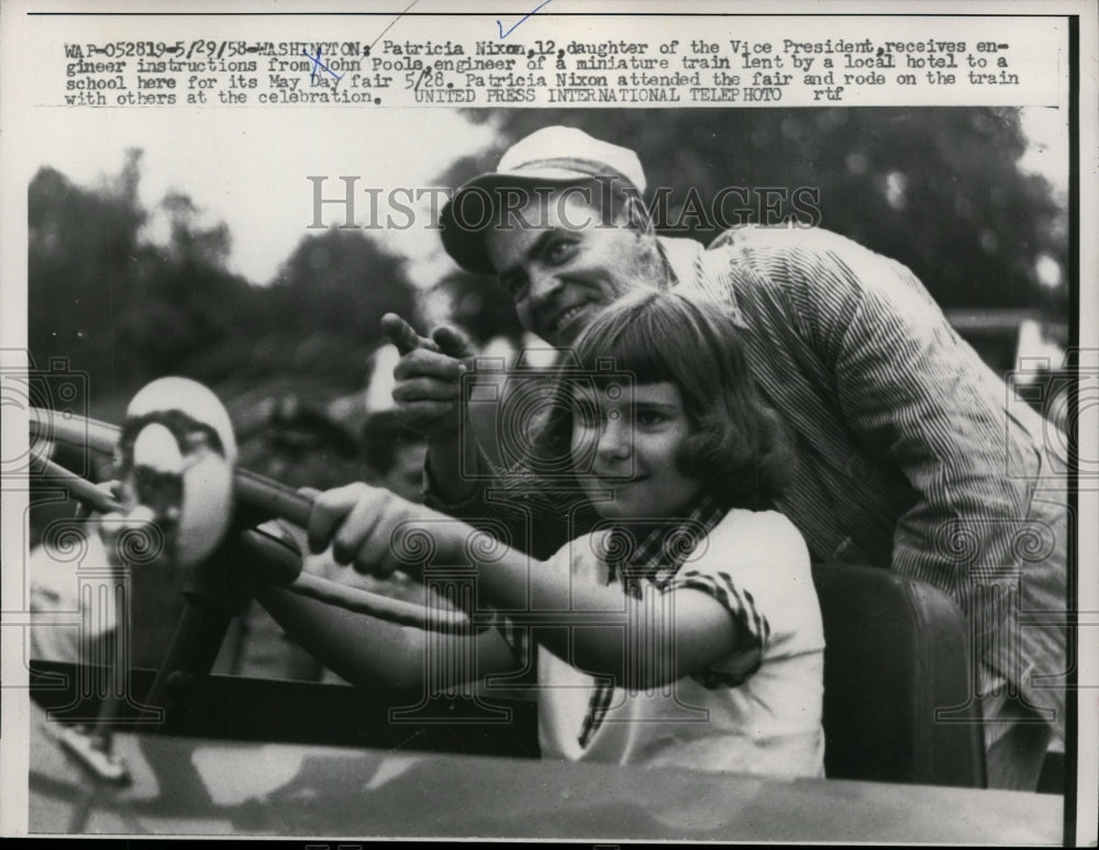 1958 Press Photo Patricia Nixon in Miniature Train, May Day Fair, Washington