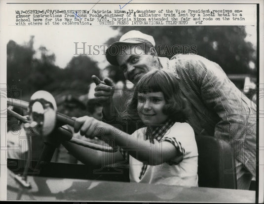 1958 Press Photo Patricia Nixon in Miniature Train, May Day Fair, Washington