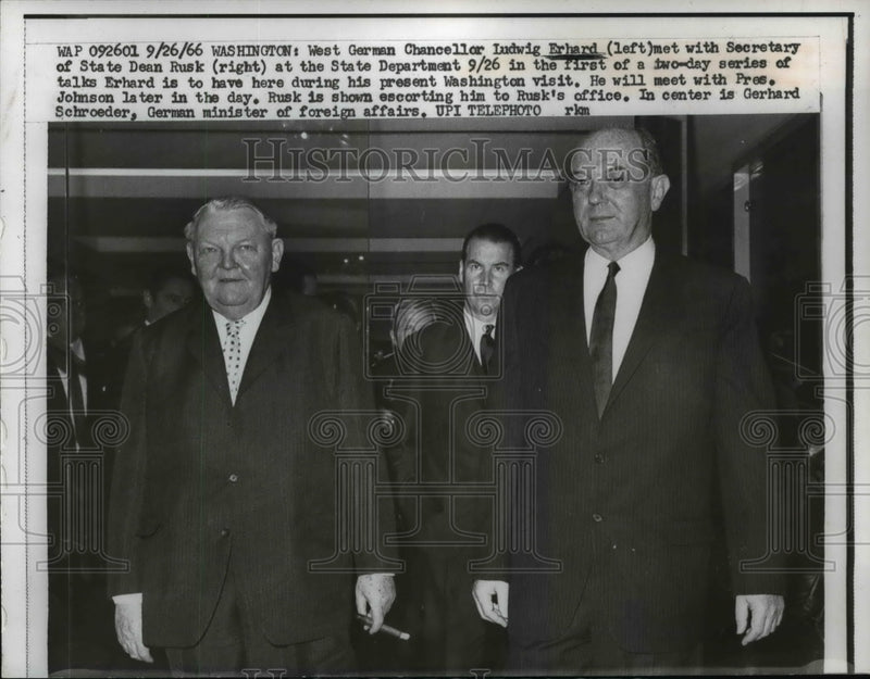 Load image into Gallery viewer, 1966 Press Photo W German Chancellor Ludwig Erhard &amp; Secy State Dean Rusk
