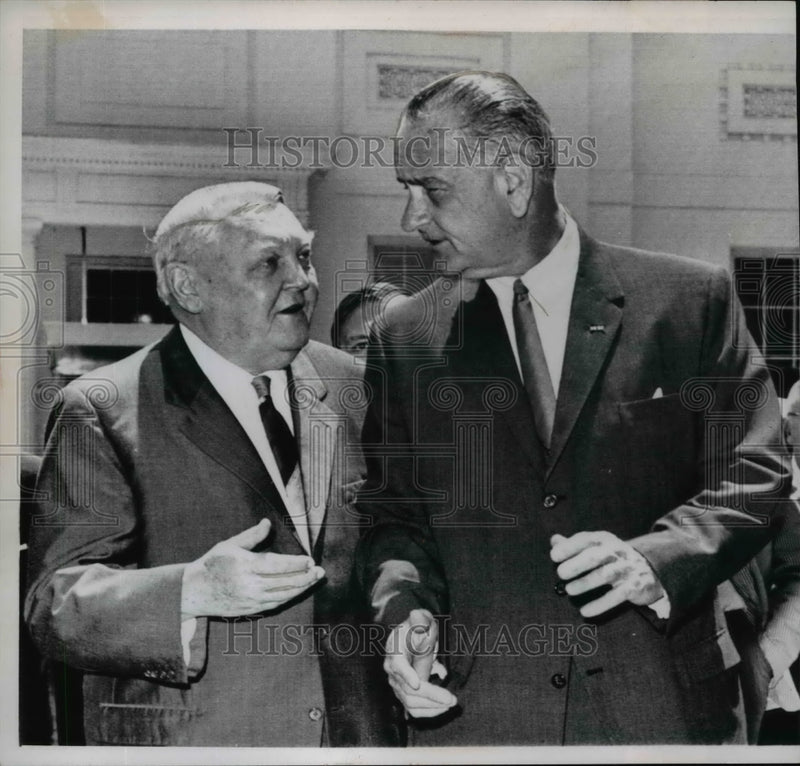 Load image into Gallery viewer, 1965 Press Photo W German Chancellor Ludwig Erhard Talks with President Johnson
