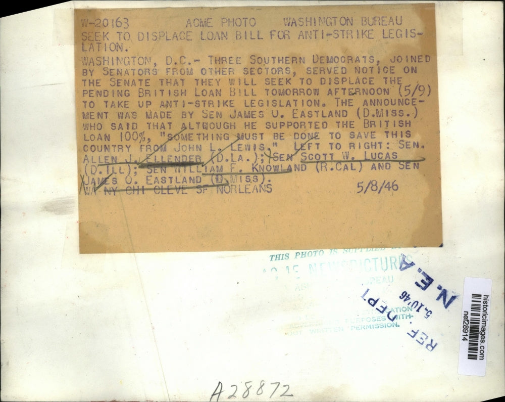 1946 Press Photo Senators Ellender, Lucas, Knowland & Fastland Discuss Loan Bill