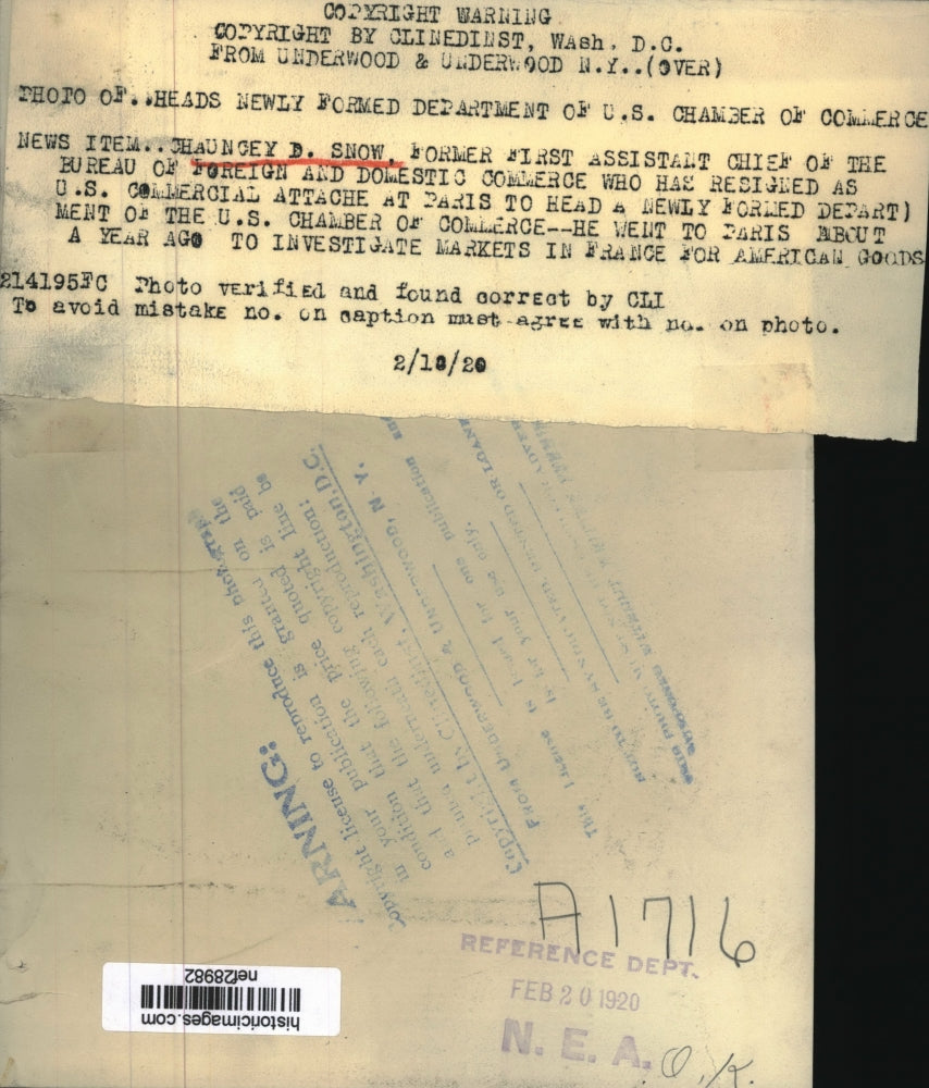 1920 Press Photo Chauncey D. Snow - nef28982