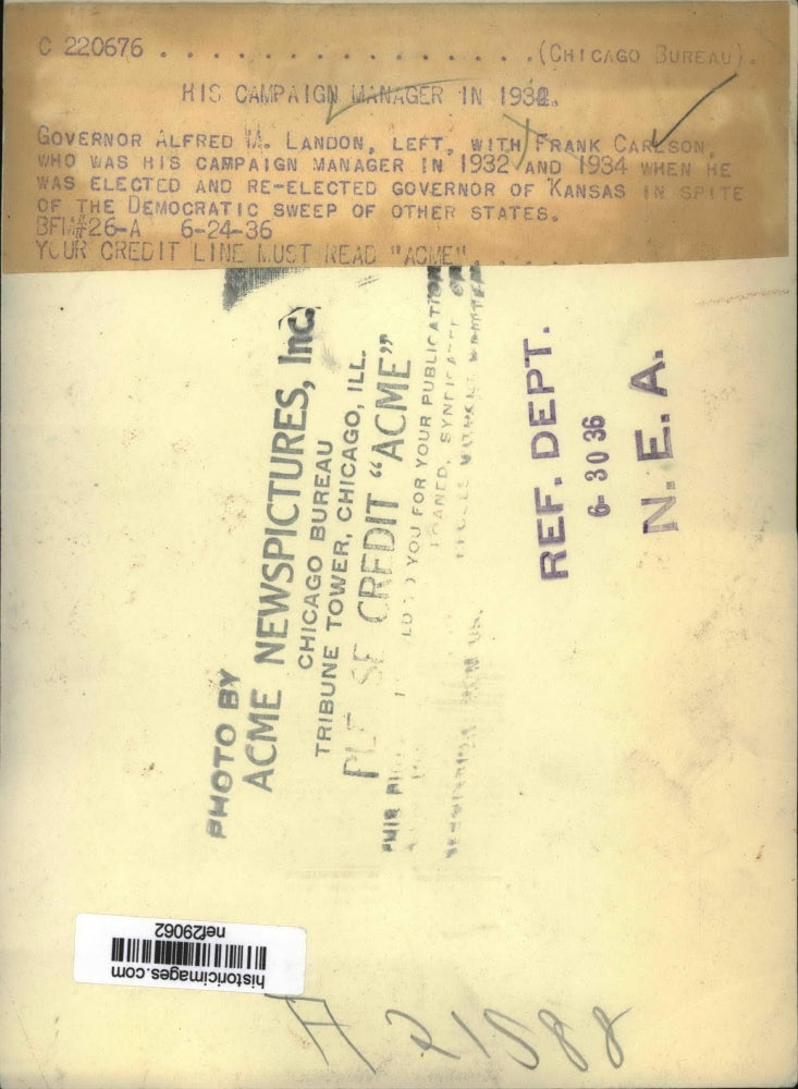 1936 Press Photo Governor Alfred Landon & Frank Carlson Former Campaign Manager