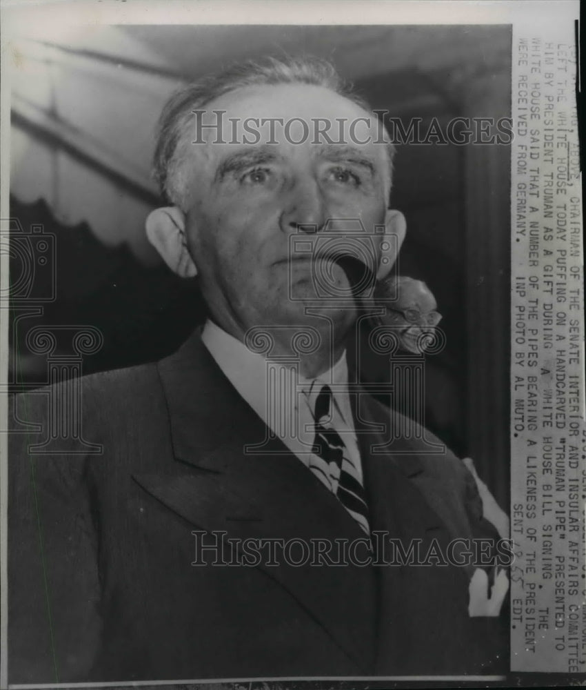 1951 Press Photo Joseph C. Mahoney Smokes Pipe with President Truman Likeness