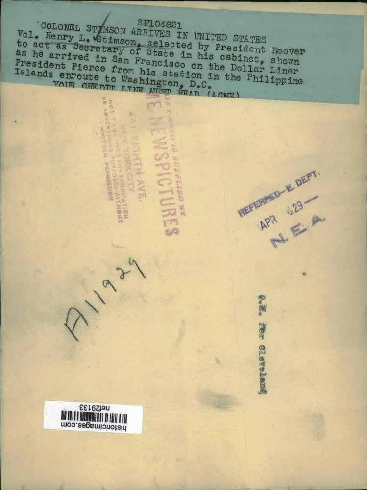 1929 Press Photo Henry L. Stimson in San Francisco Aboard SS President Pierce