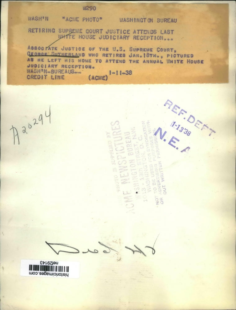 1938 Press Photo George Sutherland Leaving Home for White House Reception, D.C.