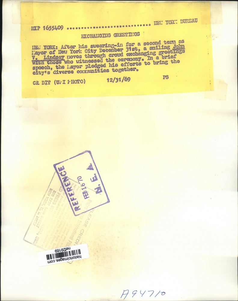 1969 Press Photo John V. Lindsay Shaking Hands at Swearing-In Ceremony, New York