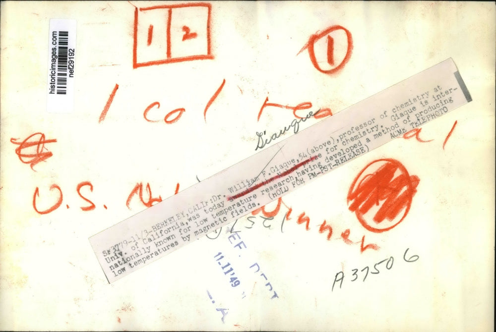 1949 Press Photo Dr. William F. Giaque, Professor University of California