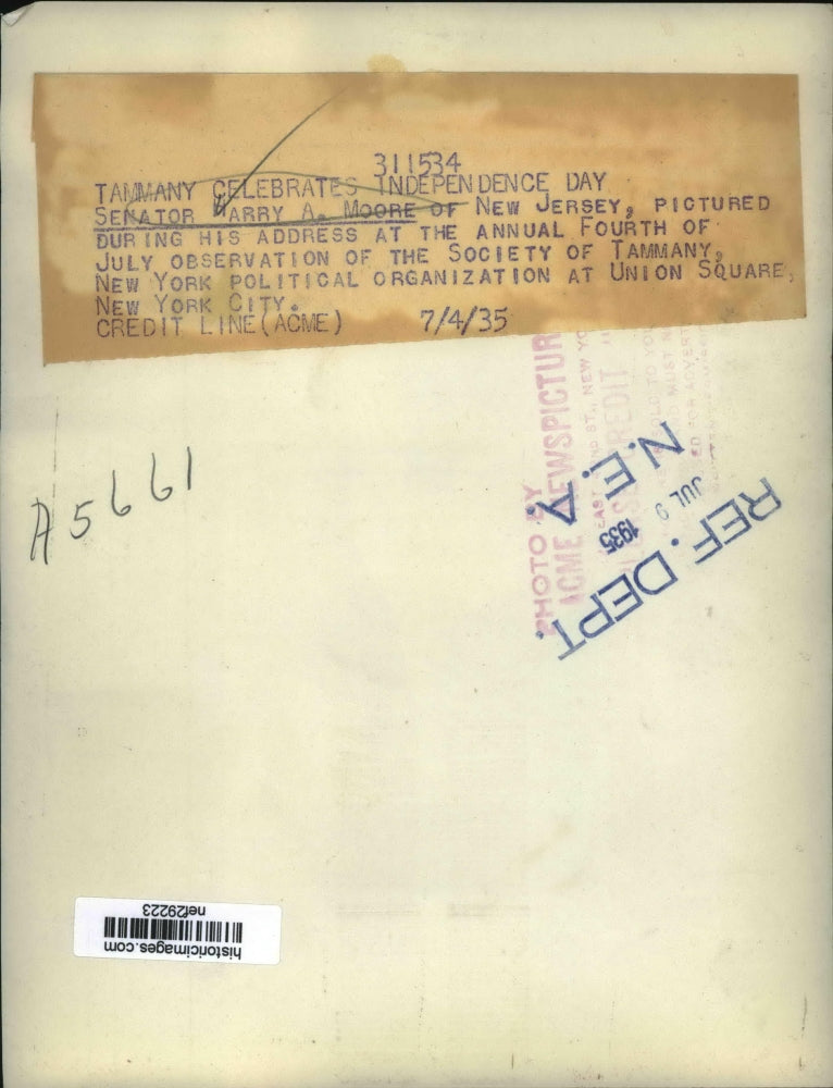 1935 Press Photo Senator A. Harry Moore Speaking at Society Tammany 4th of July