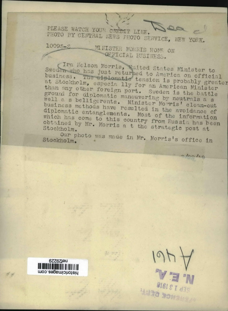 1918 Press Photo Ira Nelson Morris in his Office, Stockholm, Sweden - nef29229