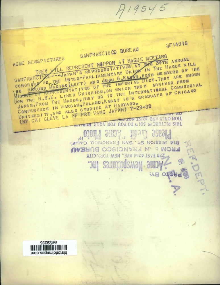 1938 Press Photo Rakuro Makino, Juju G. Kasai of Japan Aboard Chichibu Maru