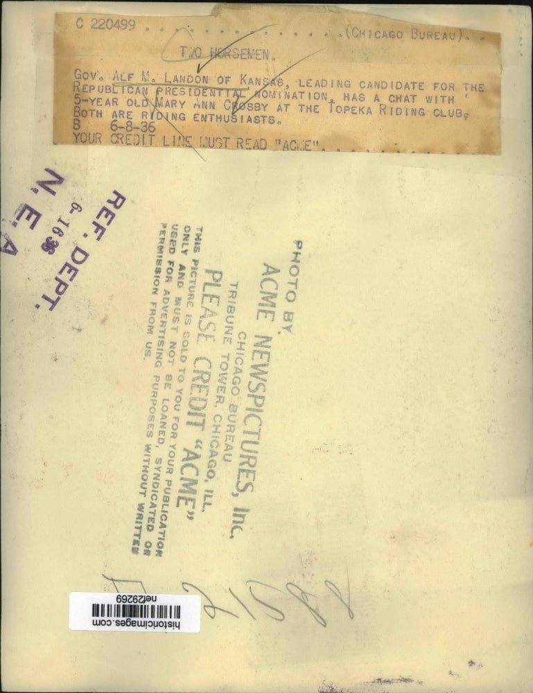 1936 Press Photo Governor Alf Landon of Kansas with Mary Ann Crosby, Topeka