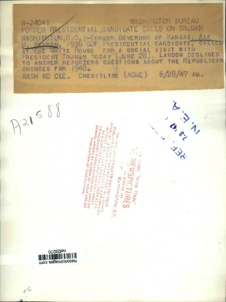 1947 Press Photo Governor Alf Landon of Kansas Visits President Truman