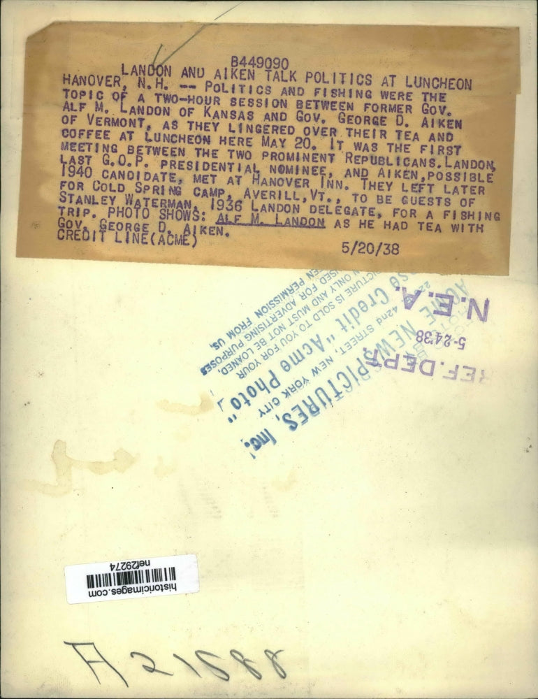 1938 Press Photo Governor Alf Landon of Kansas Has Tea with George Aiken